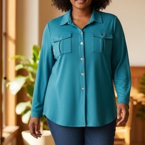 LINKS Women's plus size 2X Teal front pockets chest  Collared Button-Up Shirt